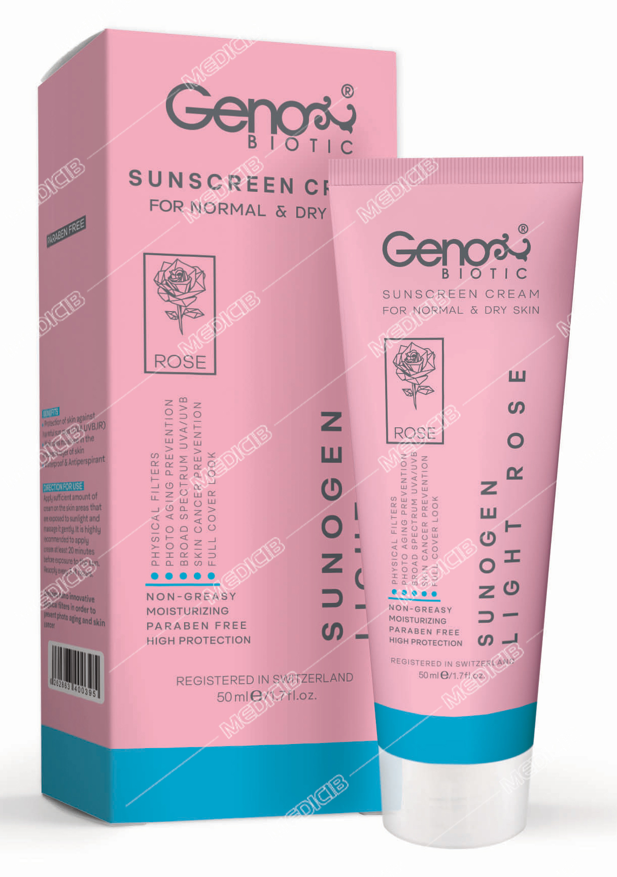 کرم ضد آفتاب پوست خشک SPF50 سانو ژن رز روشن ژنوبایوتیک